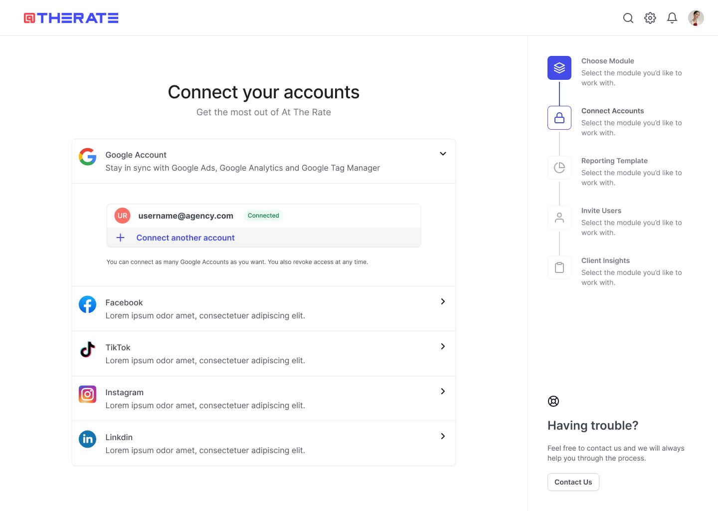 Connect your accounts: Google, Facebook, TikTok, Instagram, LinkedIn