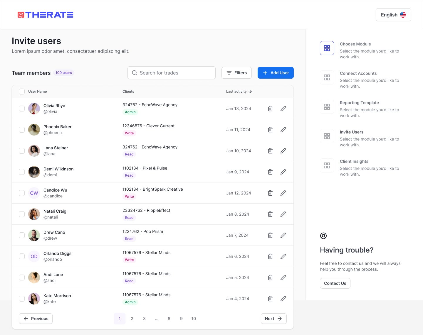 Invite users table with roles per client