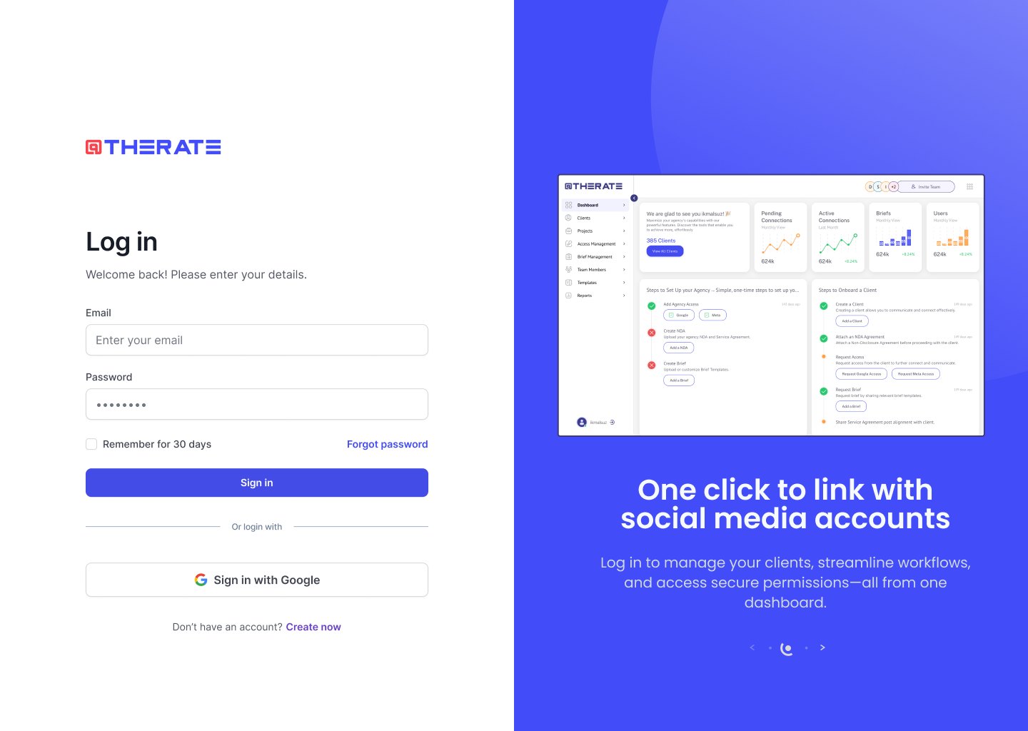 AtTheRate log-in screen with the agency dashboard preview