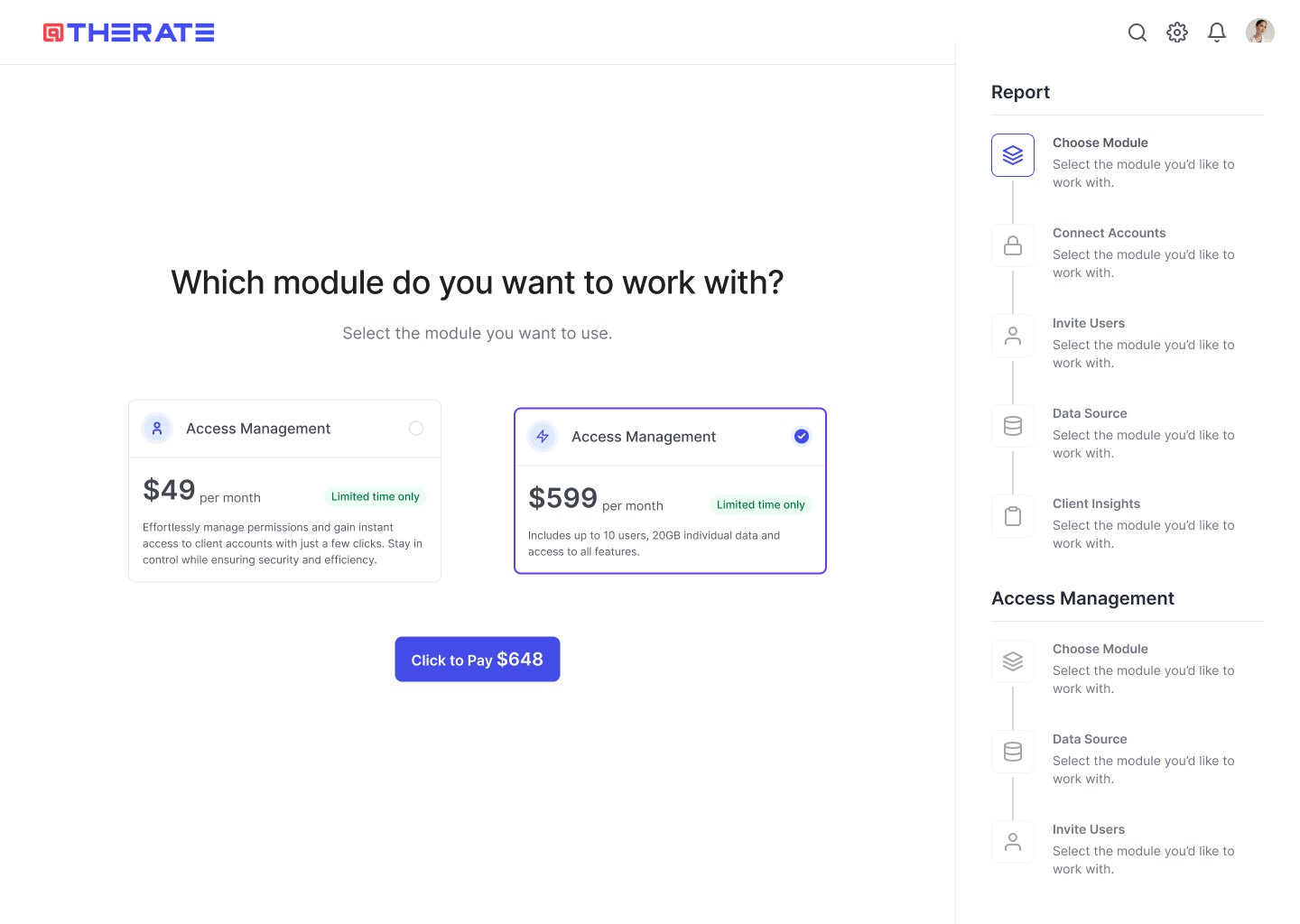Module selected with the setup stepper and pay button