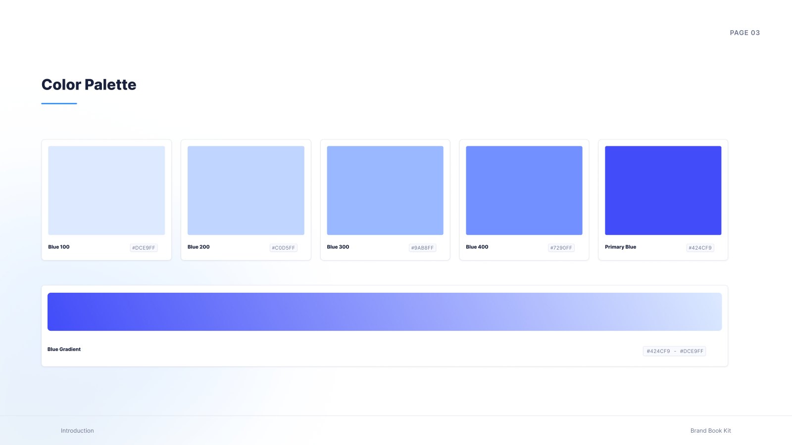 Colour palette: Blue 100 to Primary Blue and the blue gradient