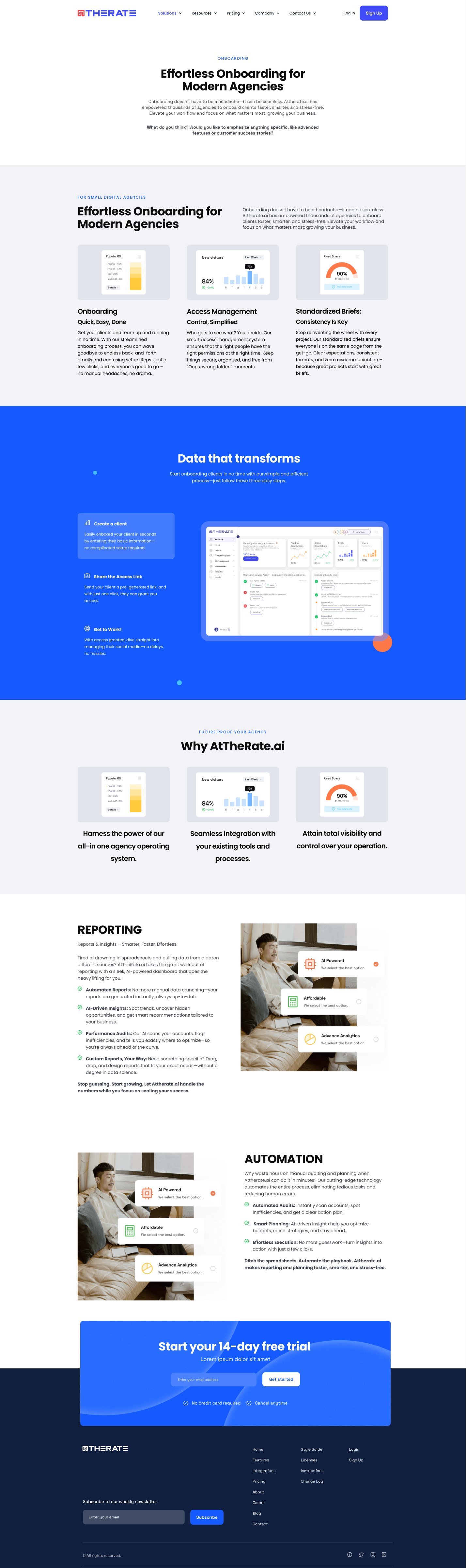 Solutions page: onboarding, reporting and automation