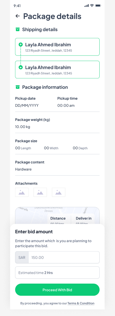 Traveller entering bid amount and time