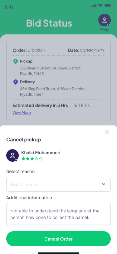 Cancel pickup bottom sheet with reason
