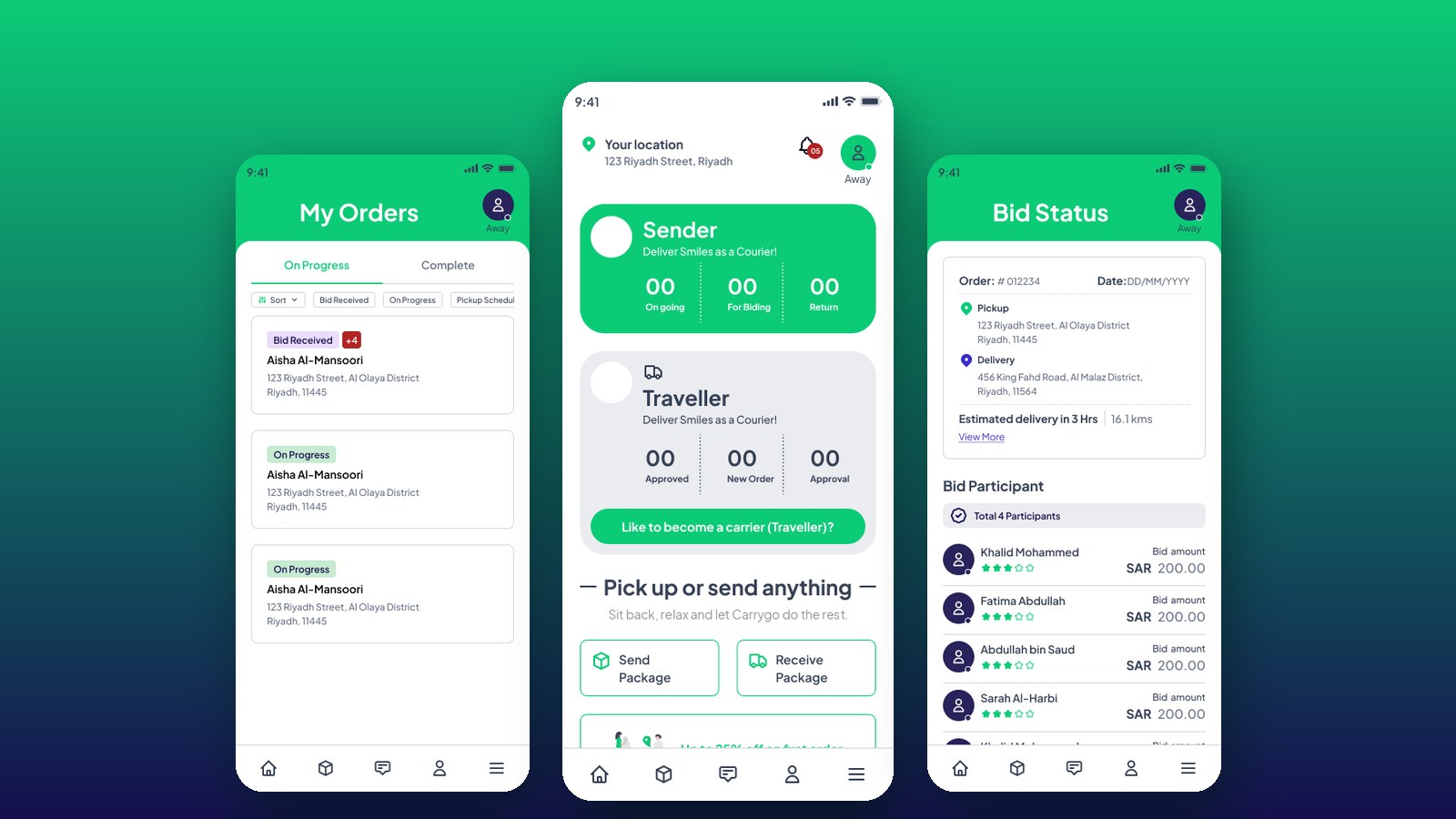 Courier marketplace app screens