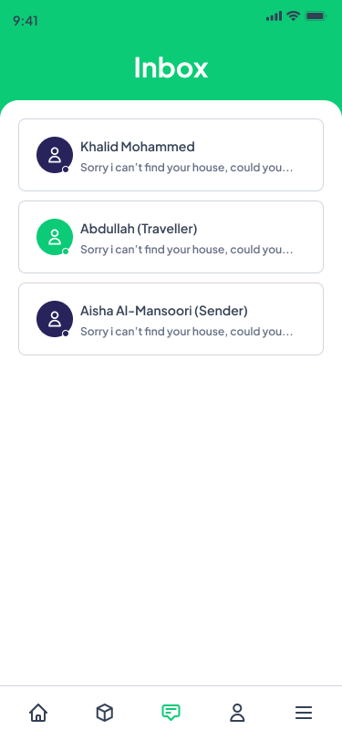 Chat inbox between sender, traveller and recipient