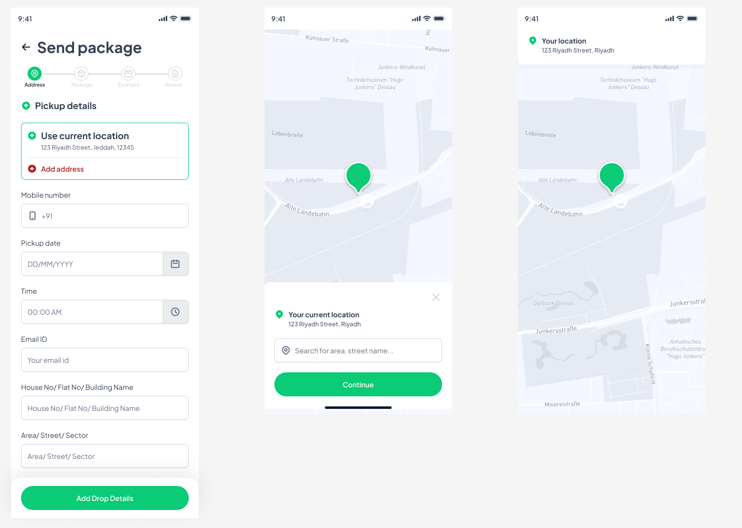 Pickup location options: use current location, search on map, confirm pin
