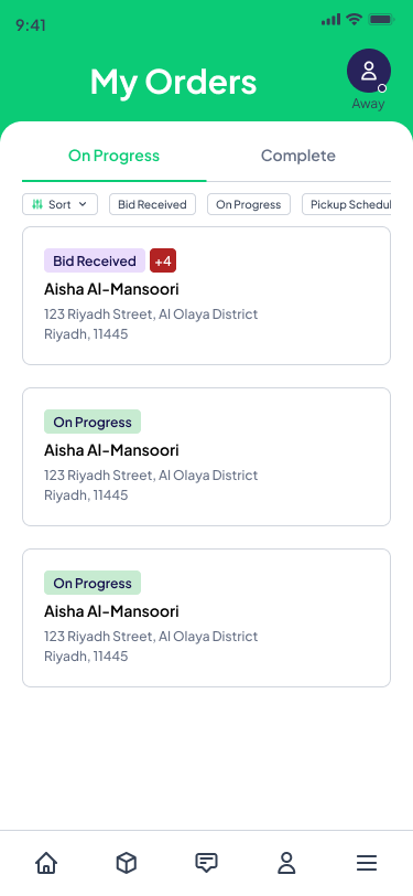 My orders in progress with status chips