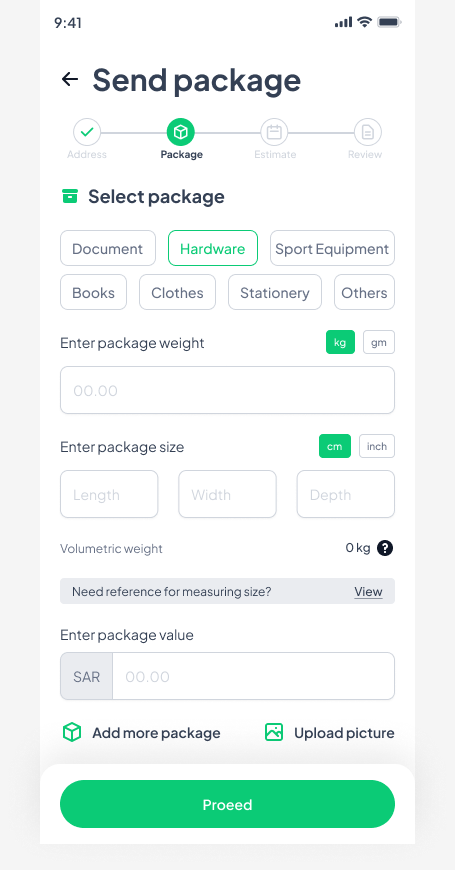 Package step with category chips and size inputs