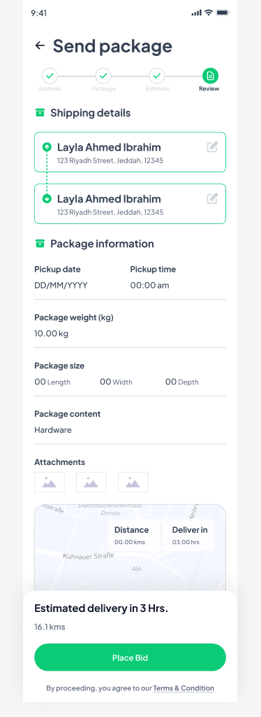 Review step with shipping and package summary and map