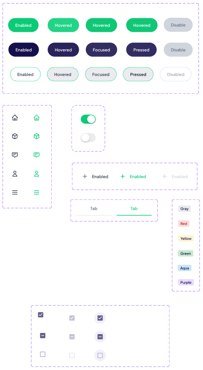 Button states, navigation icons, toggles, tabs, tags and checkboxes