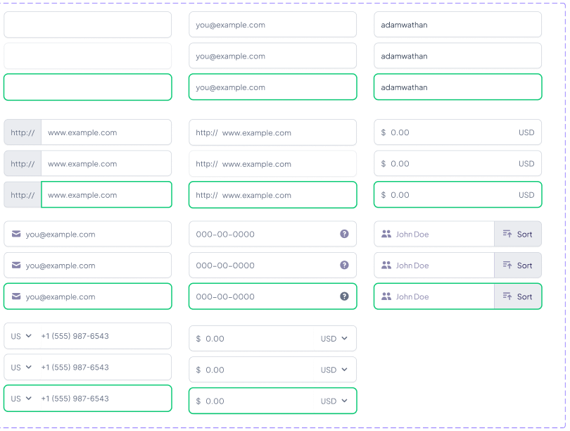 Input fields in default, disabled and focus states