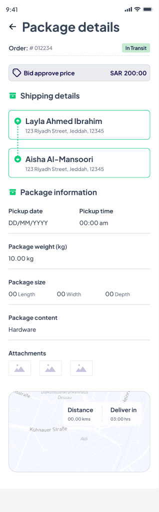 In-transit package details with approved bid price