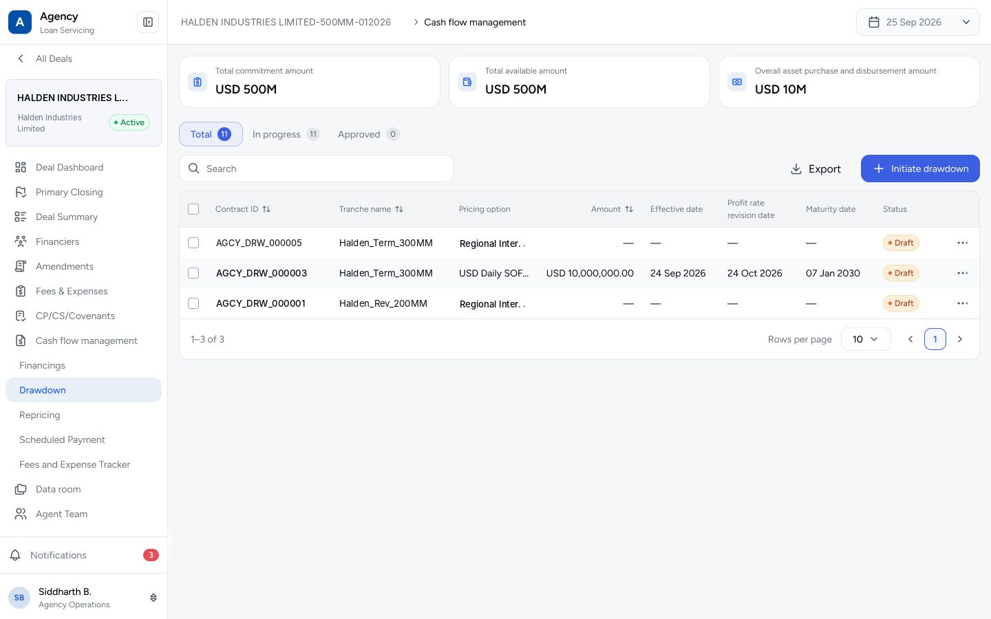 New drawdown list with full IDs, readable amounts and status badges