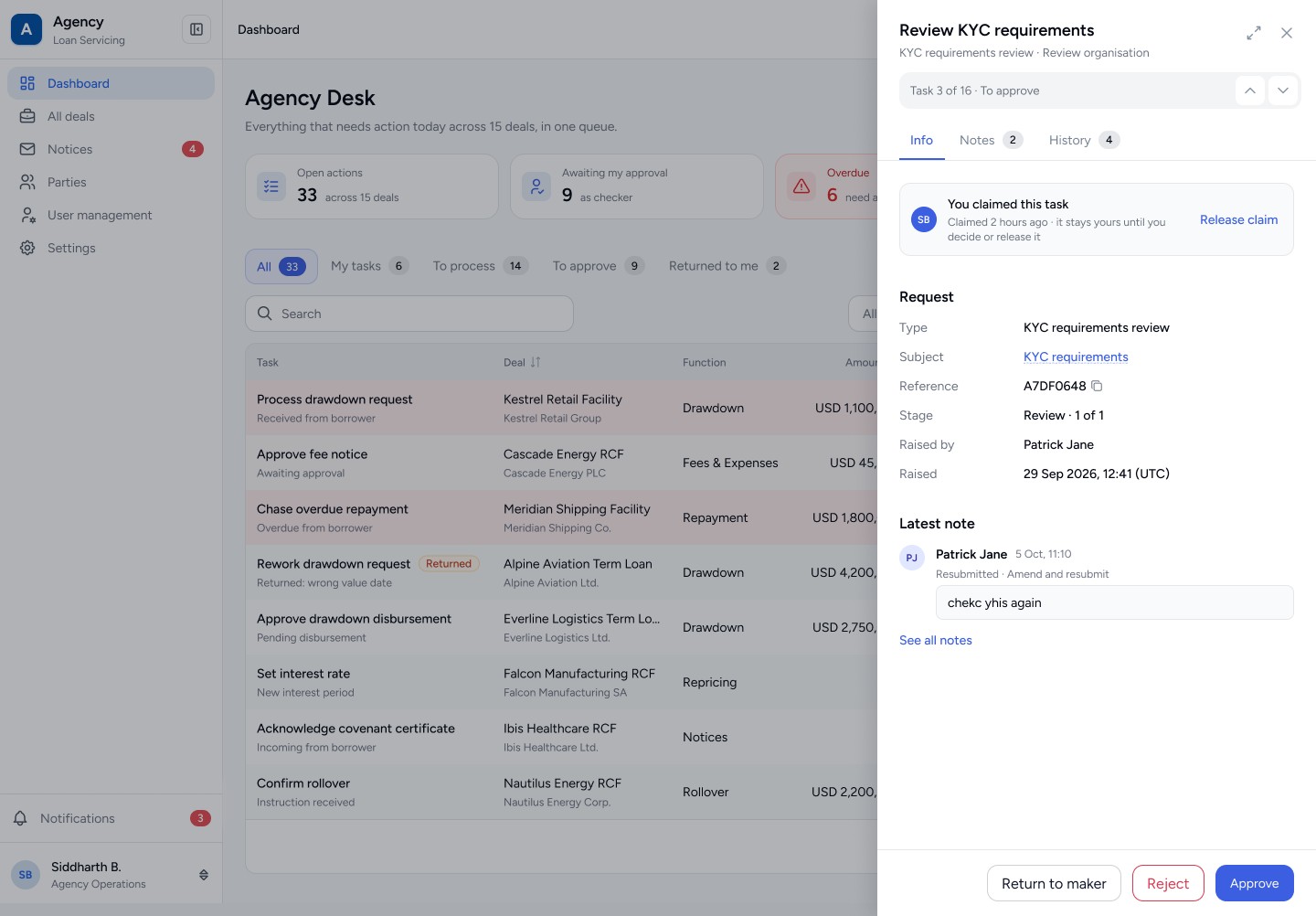Task drawer with claim status, request details, notes and approve, reject or return actions
