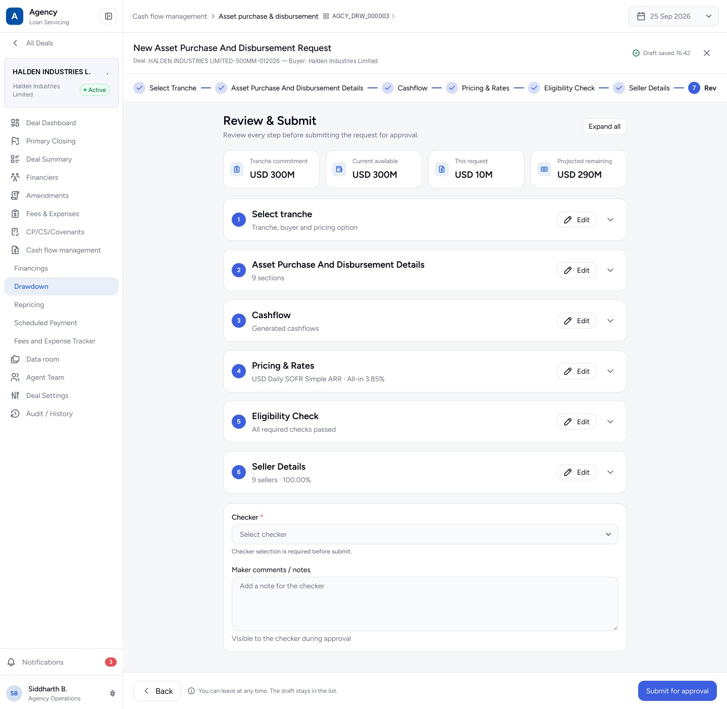 Review and submit with collapsible steps and checker selection