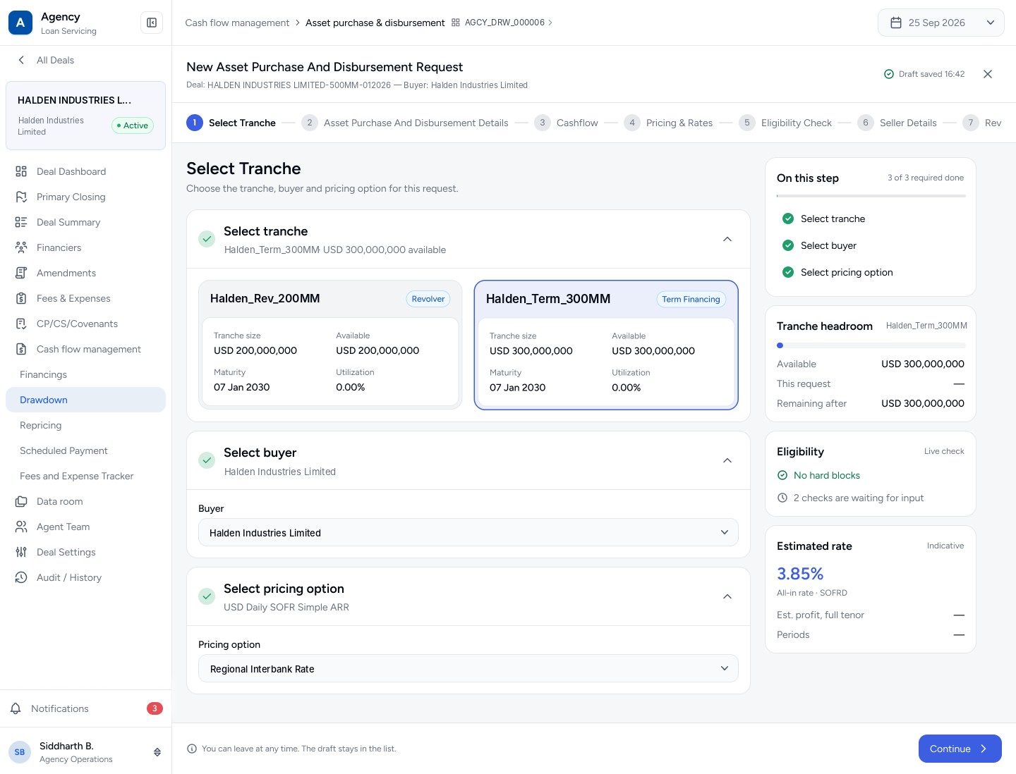 Step 1: select tranche, buyer and pricing with a live side panel