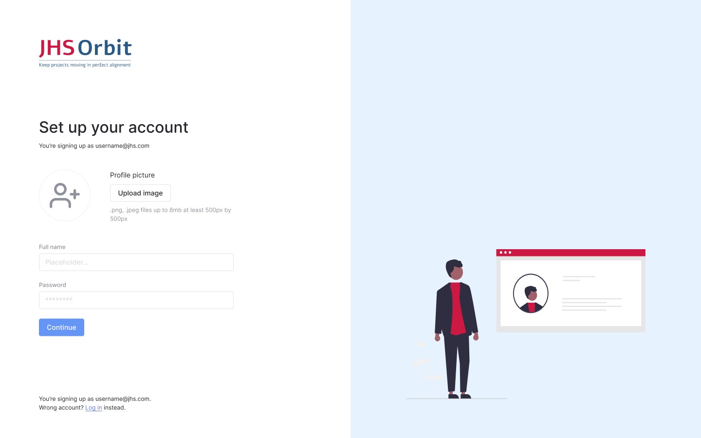JHS Orbit account setup screen