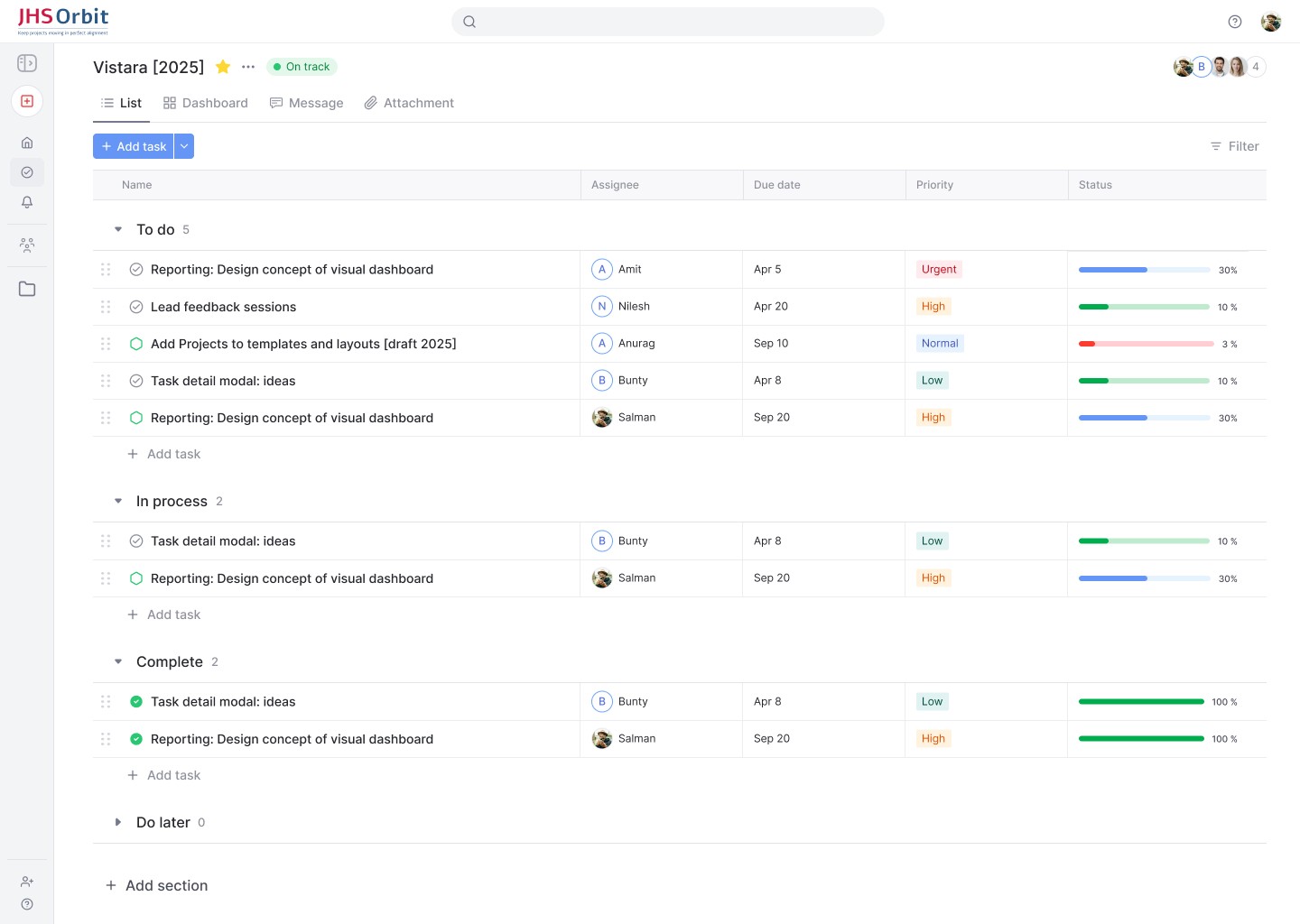 JHS Orbit project list view with tasks grouped by status, priority and progress