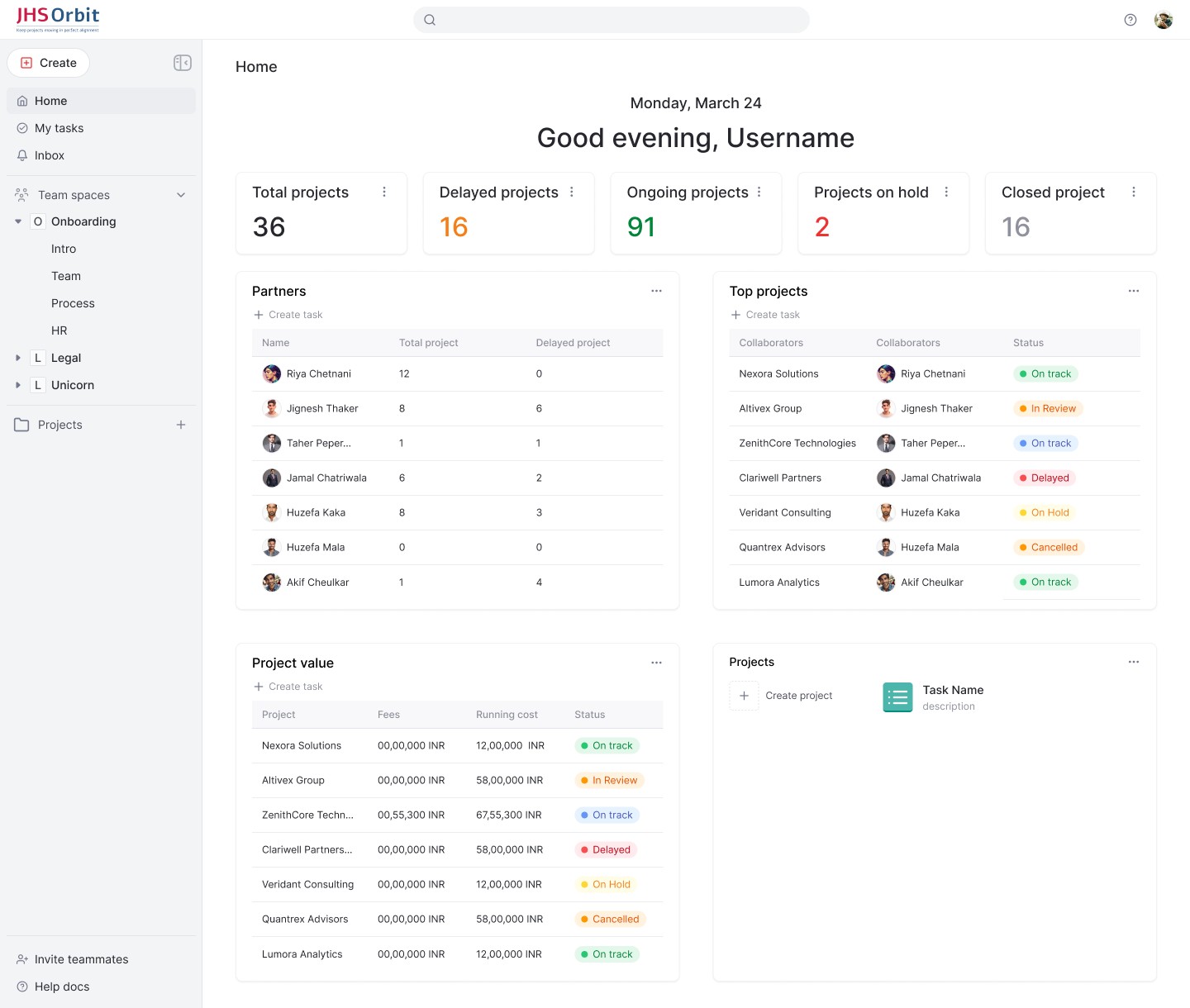 JHS Orbit Super Admin home: project counts, partners, top projects and project value