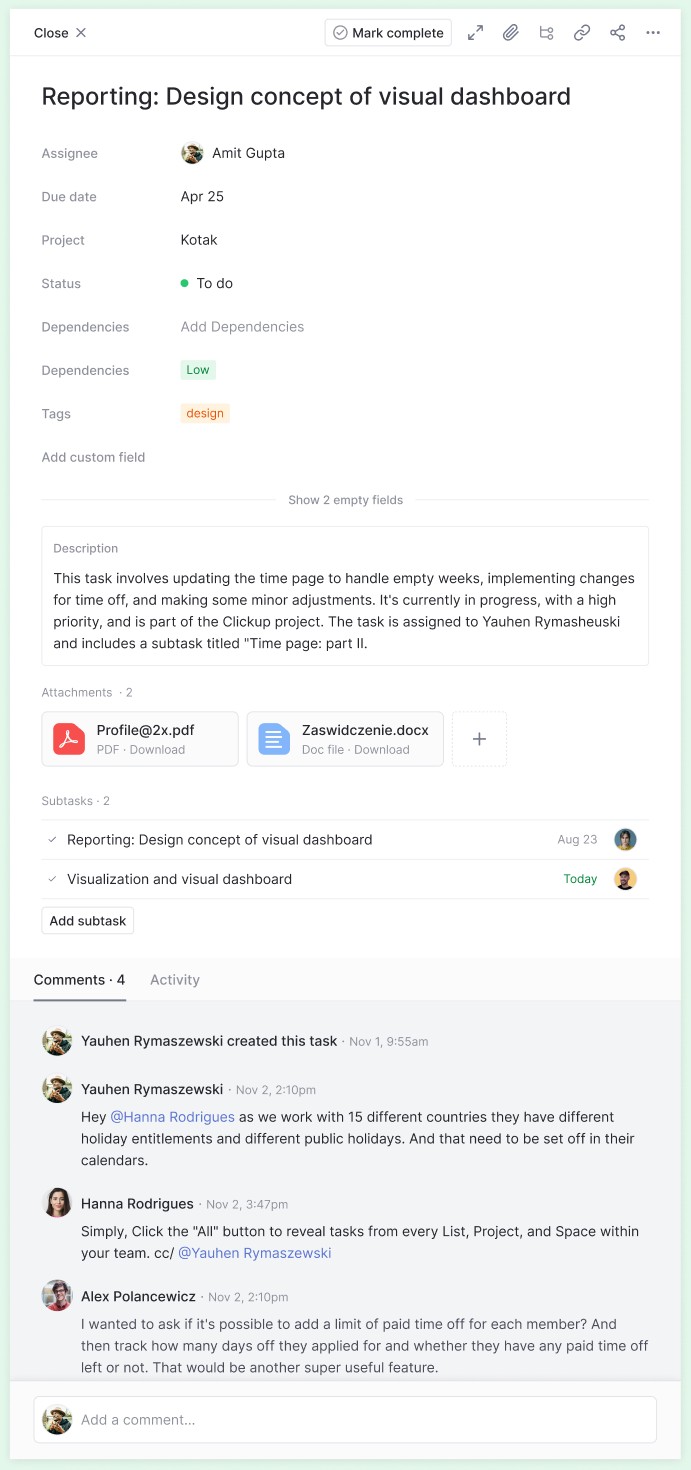 JHS Orbit task comments with mentions and activity history