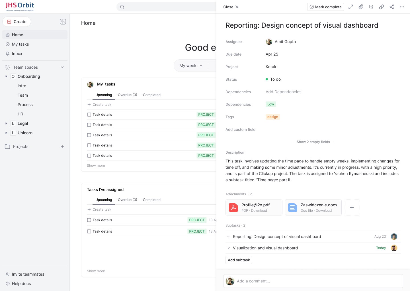 JHS Orbit task detail panel with assignee, due date, dependencies, attachments and subtasks