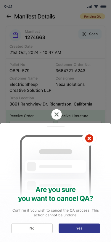 Cancel QA confirmation sheet