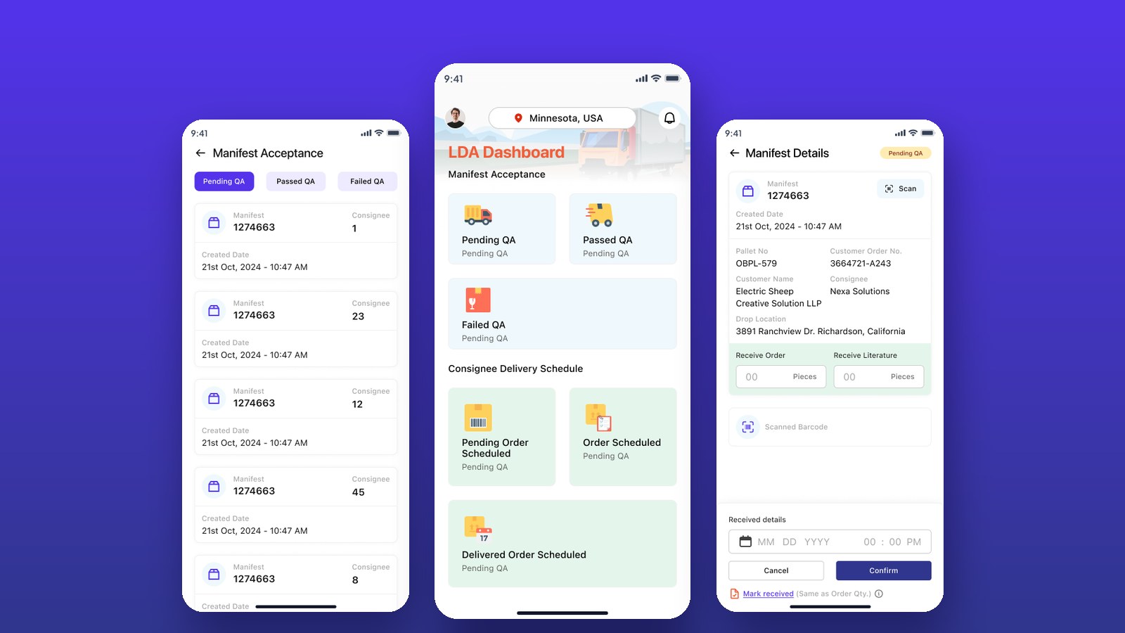 Delivery verification app screens