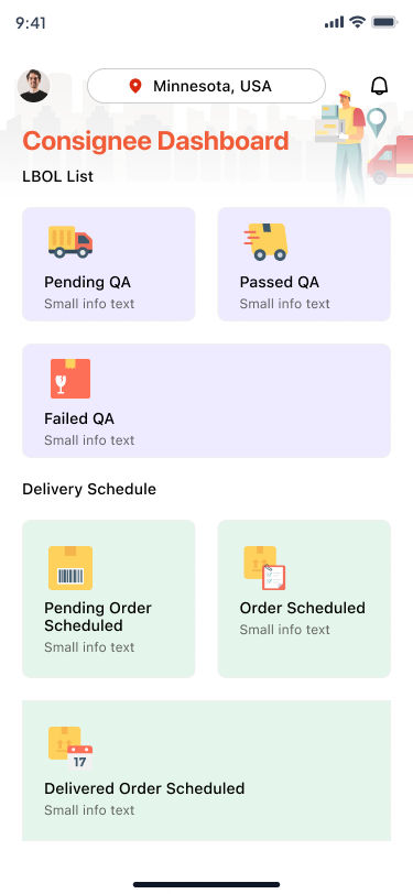 Consignee dashboard with LBOL and delivery tiles