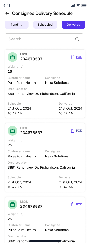 Delivered list with schedule, delivery time and POD link