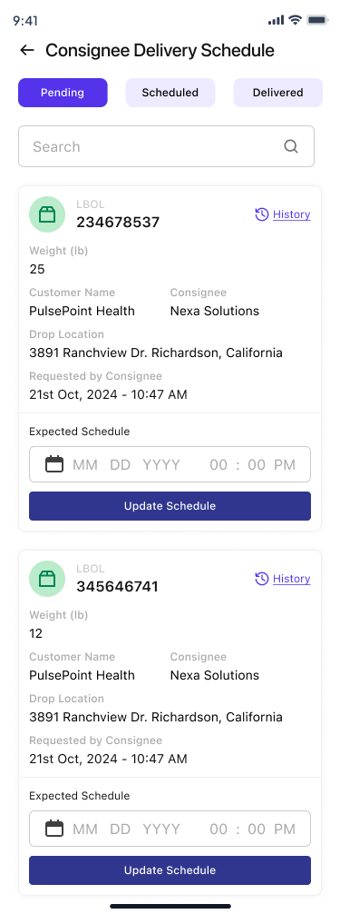 Delivery schedule pending with expected schedule picker