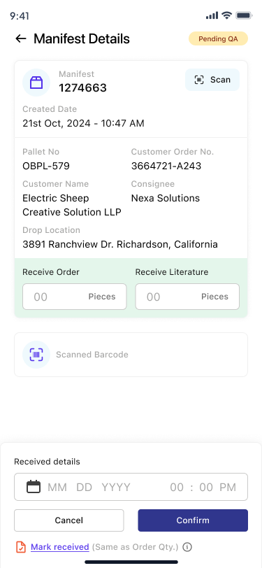 Manifest details with scan button and piece counters