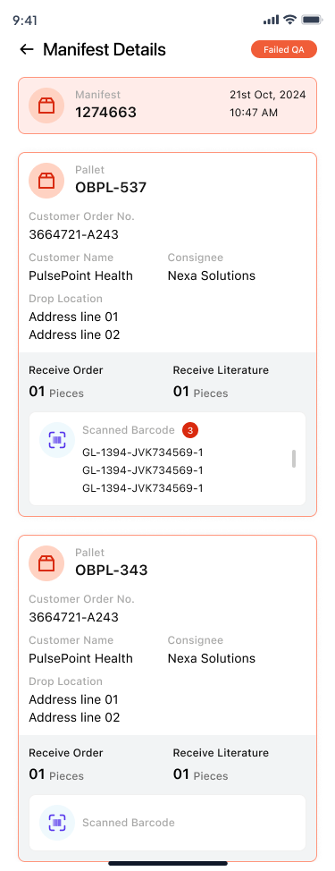 Failed QA manifest with red pallet cards