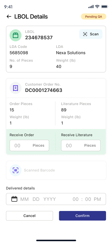 LBOL details with customer order, piece counts and scan
