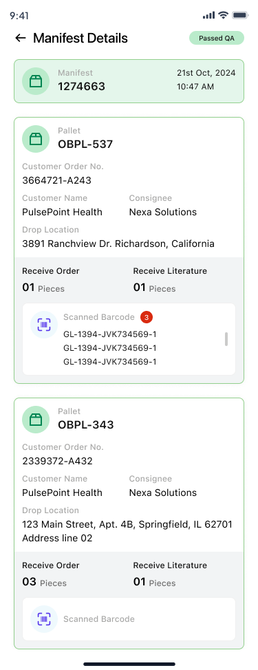 Passed QA manifest with green pallet cards