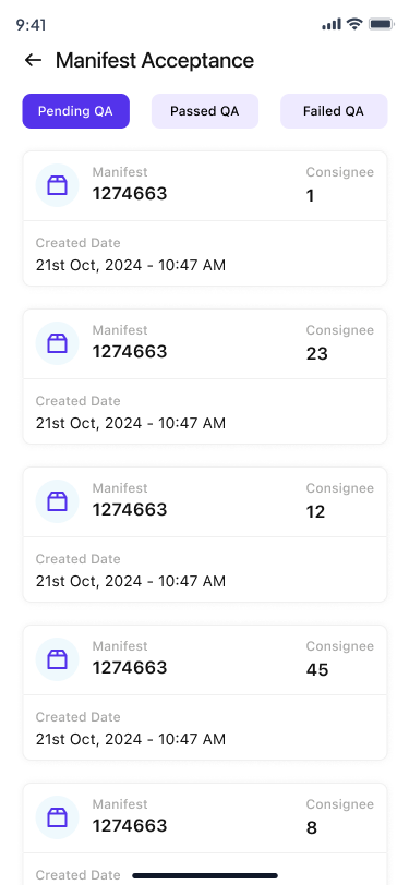 Manifest acceptance list with Pending, Passed and Failed QA tabs