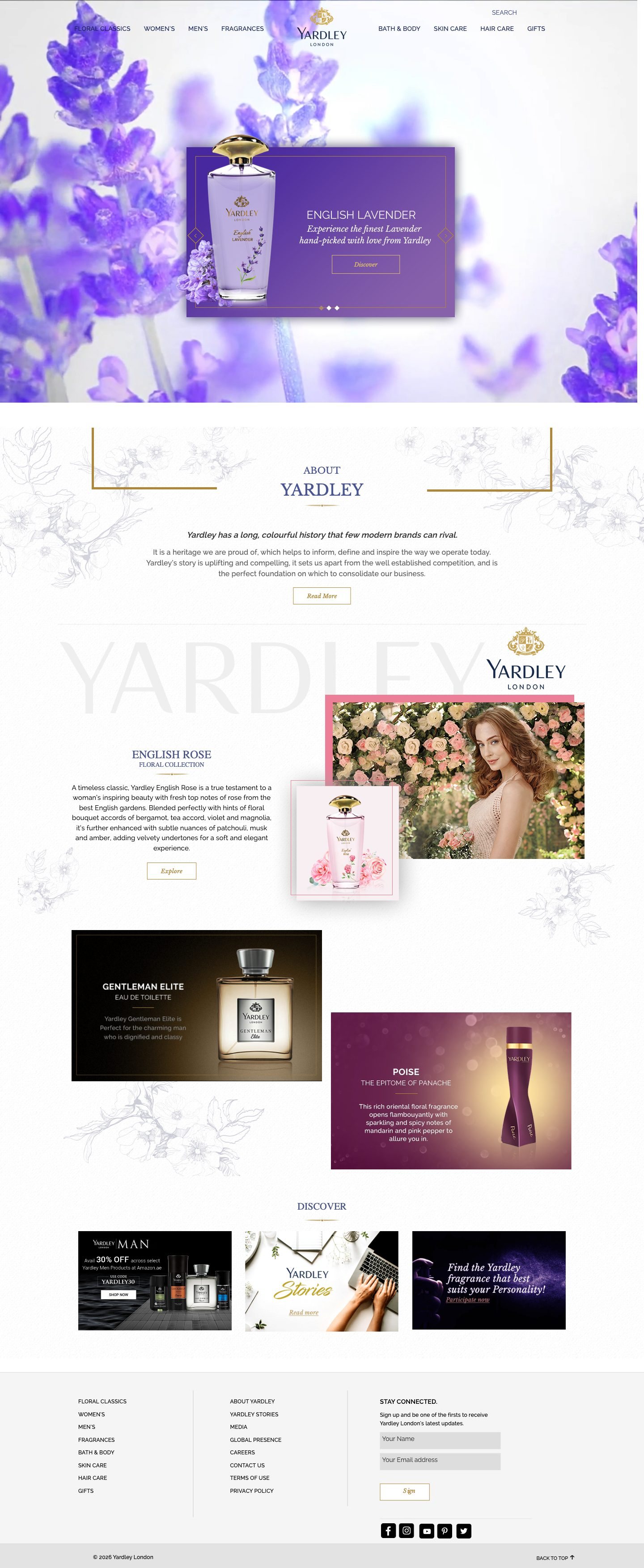 Yardley London homepage, full page