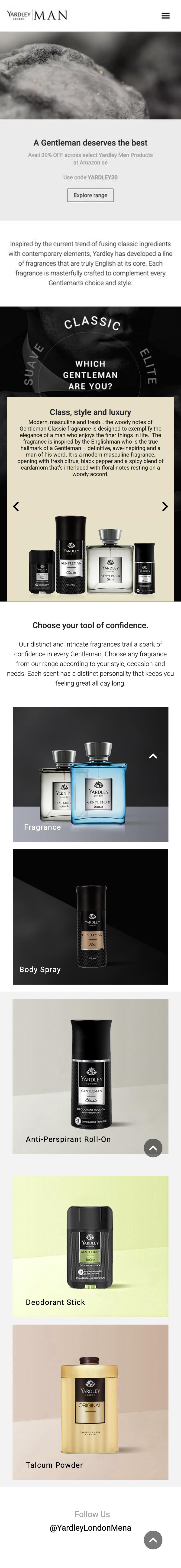 Yardley Men homepage on mobile